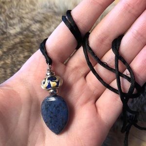 Blue agate stone and glass bead necklace